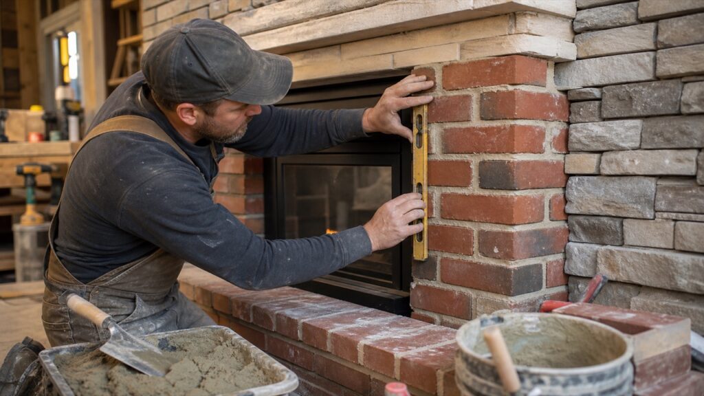 Mason checking brick alignment on a fireplace surround