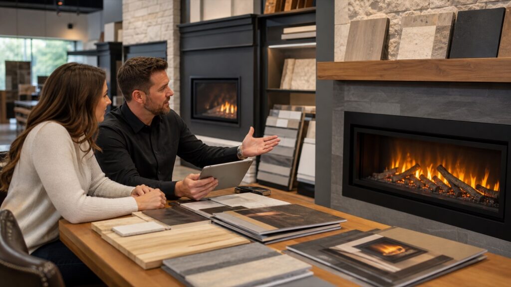 Fireplace sales consultant reviewing display options with a customer