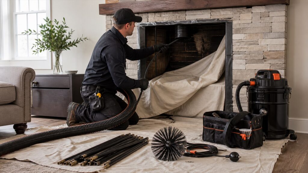 Chimney sweep cleaning a fireplace with dust containment tools
