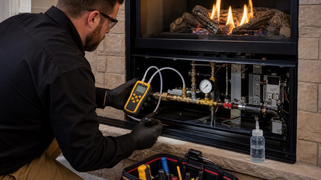 Technician testing gas fireplace pressure and components