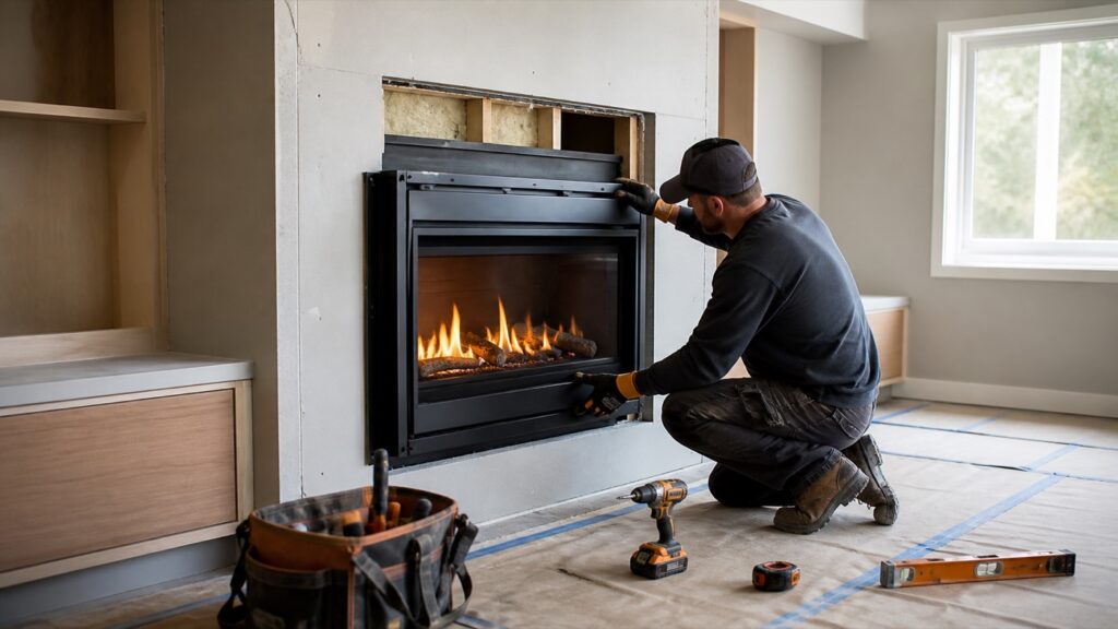 Technician installing a modern fireplace insert in a living room