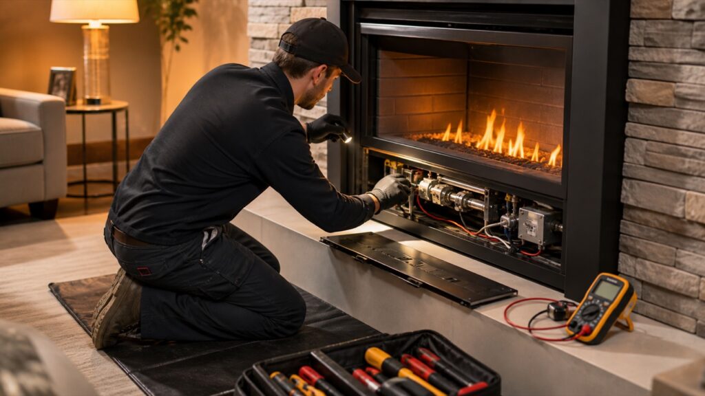 Technician servicing an open fireplace with diagnostic tools